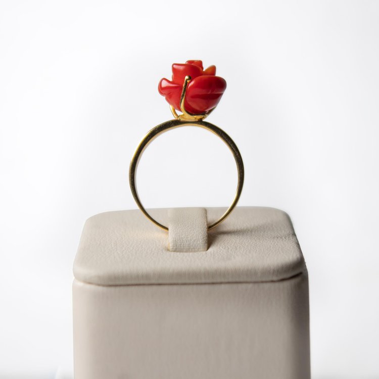 Red Coral Rose Ring in Yellow Gold