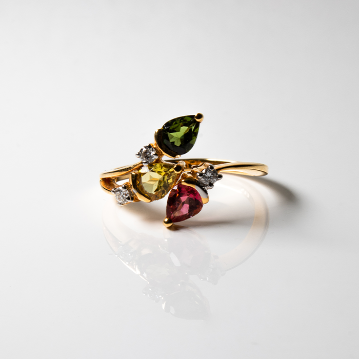 Tourmaline Ring - 18kt, 3 Diamonds, 3 Multi-Color Tourmaline