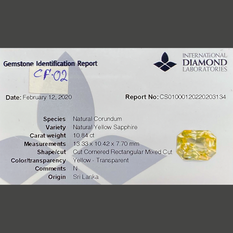 Safira Amarela (10,84 ct) Não Aquecida 